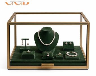 Glass Jewellery Display Case with Aluminium Frame, Countertop Jewelry Showcase, Clear Glass Display Cabinet, Optional LED Lighting & Lock