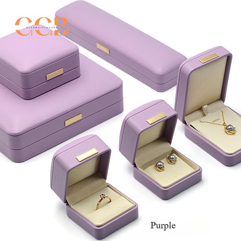 Kundenspezifische Premium-Luxus-Schmuckschatulle aus Lavendel und weißem Leder, Schmuckset, Mikrofaserfutter, Schmuckverpackung, Armband- und Halskettenbox Bild 2