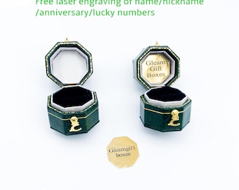 Vintage style octagonal green ring box for engagement and wedding rings, proposal ring box, victorian style jewelry box
