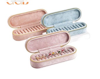 Slim rectangular velvet ring display box and tray, zipper box, ring organizer, jewelry display box, jewelry storage box, travel jewelry case
