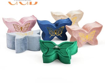 Butterfly Shaped Velvet Ring Box, Gold Foil Print Engagement Proposal Ring Holder, Unique Bridal Jewelry Box