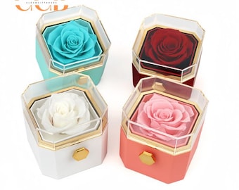 Rotating Blue Preserved Rose Ring and Pendant Ring Box, Engagement Wedding Ring Box, Valentine's Keepsake Jewelry Gift Box