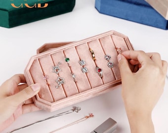 Octagonal velvet ring display box and tray, ring organizer, jewelry display box, jewelry storage box, ring holder, travel jewelry case