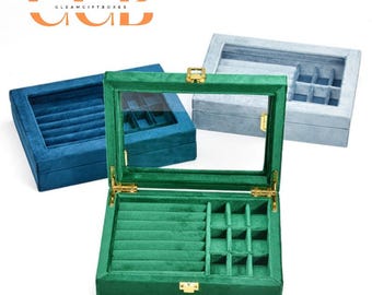 Clear-Lid Velvet Ring Display Box, Jewelry Organizer for Rings, Earrings & Studs, Vanity, Retail Display