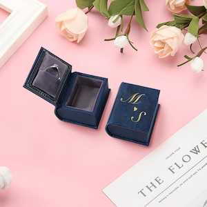 Custom blue book proposal ring box, personalised wedding engagement ring book, unique propose ring box for a romantic surprise moment