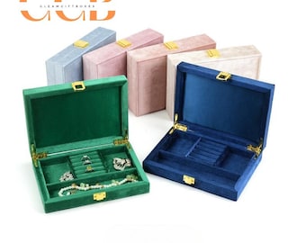 Velvet Jewelry Box with Gold Clasp, Multi-Compartment Organizer for Rings, Earrings Necklaces, Vanity Drawer Storage