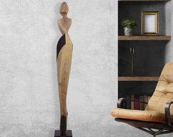 Large sculpture, XXL wooden sculpture of a slim, stylized woman made of walnut wood, for stylish decoration in the living room or art for the office.