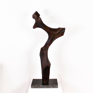 Wooden sculpture 59 cm, cherry, woman abstract, minimalist, flamed, granite base