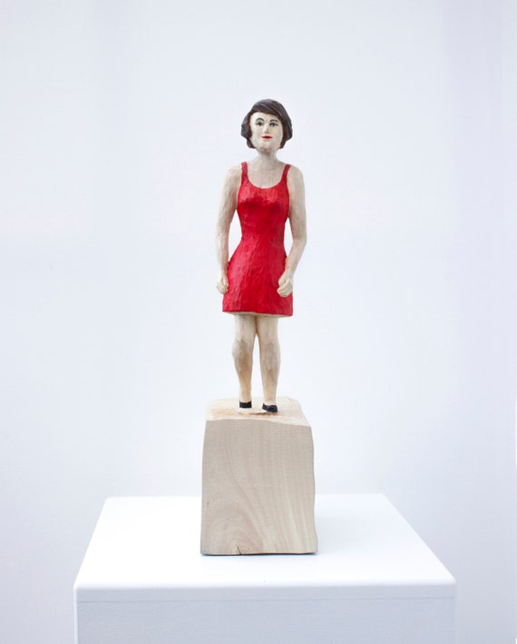 Wooden sculpture 38 cm, 15" woman in red dress, decorative figure