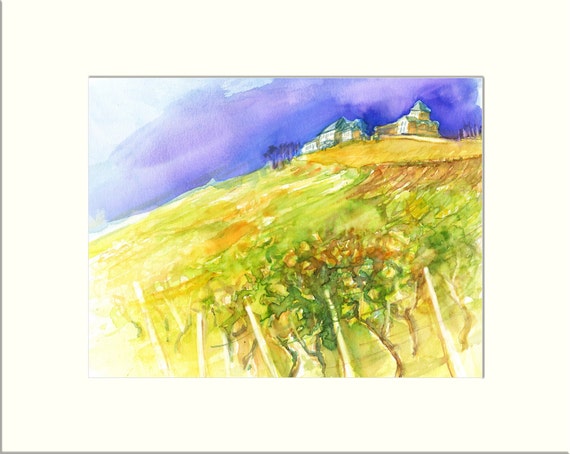 Watercolor vineyard 50 x 40 cm, with passepartout, original watercolor painting, landscape, small picture