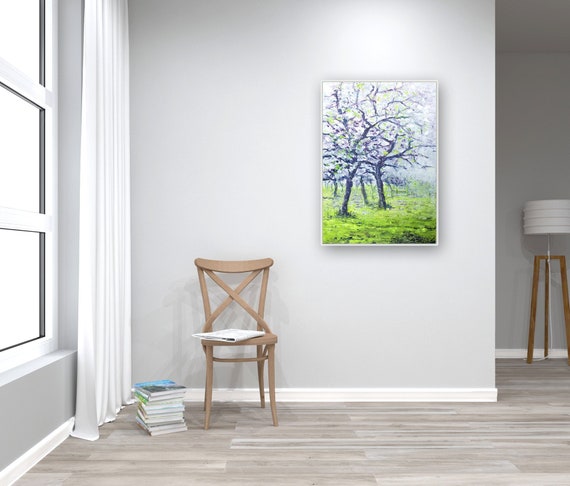 Oil painting 60 x 80 cm, 24"x32" cherry blossom, original oil painting, canvas stretched on a stretcher frame, trees, landscape