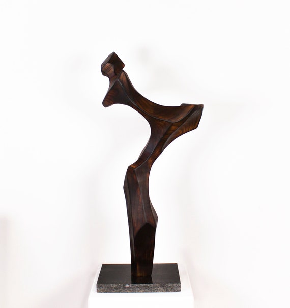 Wooden sculpture 59 cm, cherry, woman abstract, minimalist, flamed, granite base