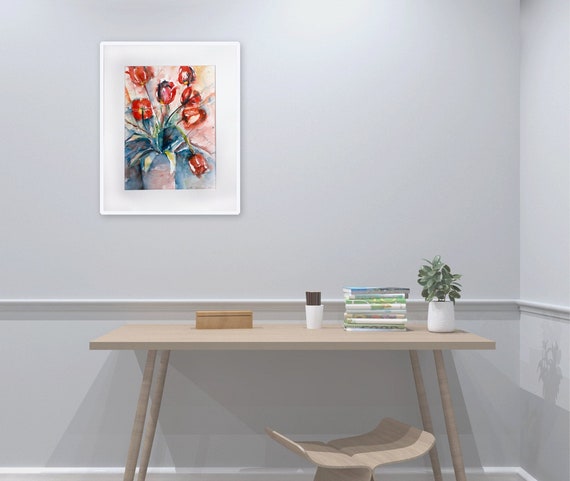 Watercolor tulips 40 x 50 cm, flowers tulips original painting with passepartout