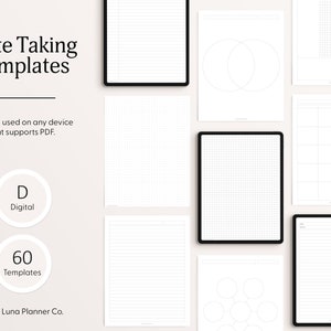May include: A set of 60 digital note-taking templates for use on any device that supports PDF. The templates include lined paper, graph paper, grid paper, Venn diagrams, and circle maps.