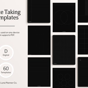May include: A set of 60 digital note-taking templates for use on any device that supports PDF. The templates feature a variety of layouts, including lined, grid, and blank pages. The templates are black and white and have a minimalist design.