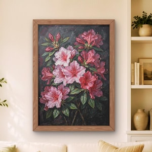 Pintura acrílica de rododendro, impresión digital, lámina botánica floral, lámina de arte floral, flores rosas y rojas, descarga instantánea, imprimible en tamaños DIN A0 a A4.