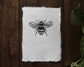 Bumblebee lino cut print ~ hand-pulled print on recycled cotton rag paper ~ bee print ~ unmounted art print