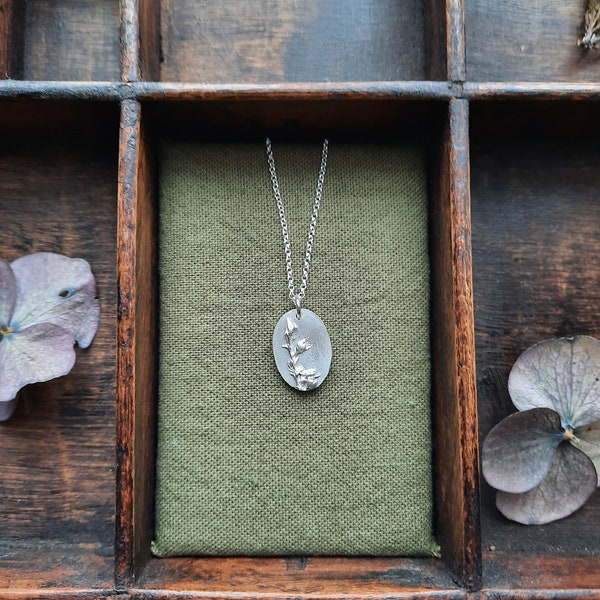 Botanical amulet ~ made to order ~ heather ~ sterling silver oval pendant moulded with a sprig of heather gathered on the Scottish hills ~