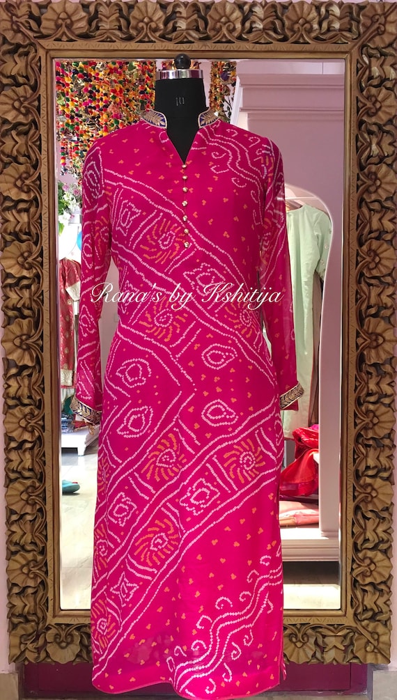 Hand Dyed Bandhani Kurti Rani Pink in Pure Georgette With Fancy Buttons and Gota Work on Kurta Neck and Sleeves Etsy UK