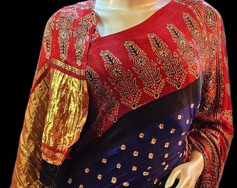 Modal Silk Original Hand Blocked Ajrakh work Lagdi Pallu Saree