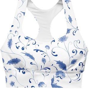 Longline Sports Bra Blue Floral Pattern, Floral Athletic Wear for Woman, Blue Flower Sports Bra