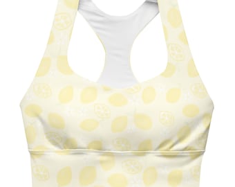 Longline Sports Bra Yellow Lemon and Flowers, Cute Gym Wear for Women, Active Wear Sports Bra