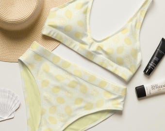 High-Waisted Bikini Gelbe Zitrone und Blumen Strand Vibes Damen Bademode