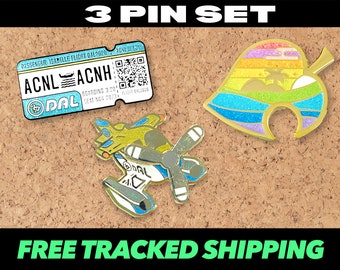 3 PIN SET: ACNH acnl Glitzer Ticket, Spinnen Seeflugzeug, Horizonte Blatt Pin | Tiere Gamer Emaille Gold Regenbogen dal neu