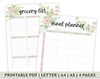 Weekly Meal Planner Printable with Grocery List Printable, Spring Flowers Design, Weekly Menu Planner, Fitness Planner, Digital Download PDF