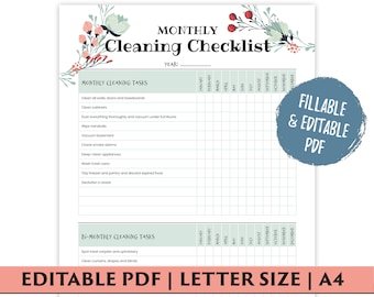 Monthly Cleaning Schedule, Editable Cleaning Checklist, Cleaning Planner, Cleaning Printable for Home Binder, Editable PDF