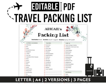 Packing List for Travel Planning, Customizable Planner Template PDF, Instant Download