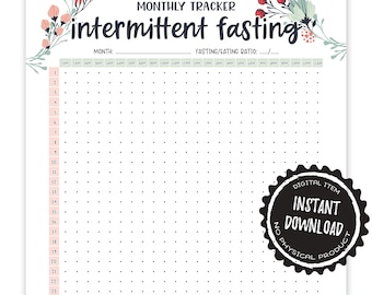 Fasting Printable, Monthly Fasting Tracker, Intermittent Fasting Planner, Fasting Journal, Weight Loss Tracker, Health Planner