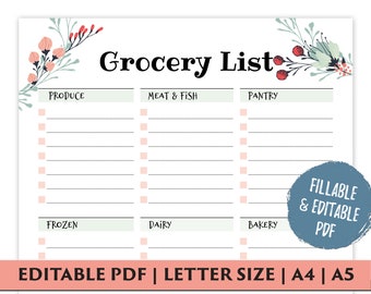 Grocery List Printable, Editable Grocery List, Grocery List Template, Fillable PDF, Digital Download