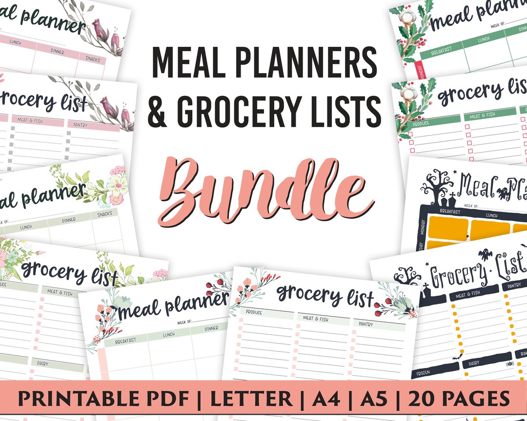 Meal Planner Bundle With 5 Weekly Meal Planners and Grocery Lists - Etsy