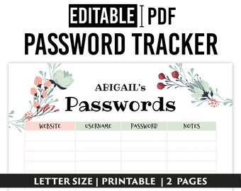 Editable Password Tracker, Printable Password Log, Password Keeper, Password Organizer, PDF Template, Instant Download, Planner Inserts