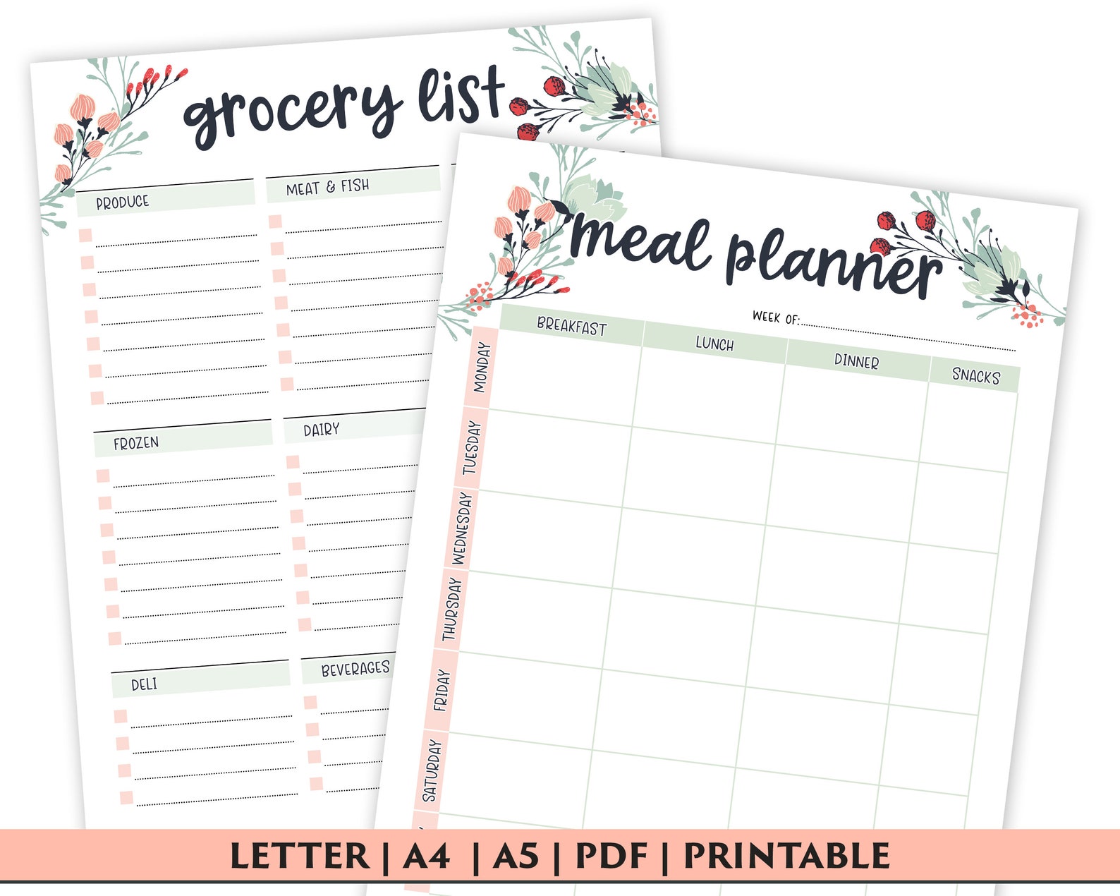 Weekly Meal Planner Printable With Grocery List Printable, Weekly Menu ...