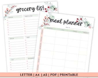 Weekly Meal Planner Printable with Grocery List Printable, Weekly Menu Planner, Health Planner, Fitness Planner, PDF, Digital Download