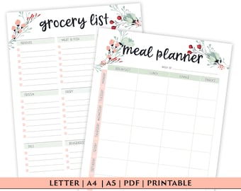 Weekly Meal Planner Printable with Grocery List Printable, Weekly Menu Planner, Health Planner, Fitness Planner, PDF, Digital Download