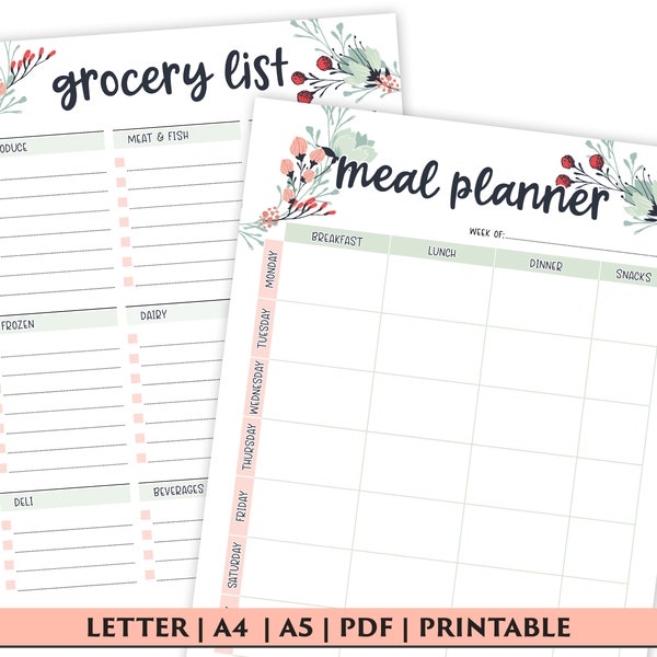 Weekly Meal Planner Printable with Grocery List Printable, Weekly Menu Planner, Health Planner, Fitness Planner, PDF, Digital Download