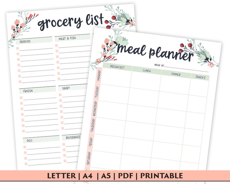 Weekly Meal Planner Printable with Grocery List Printable, Weekly Menu Planner, Health Planner, Fitness Planner, PDF, Digital Download image 1