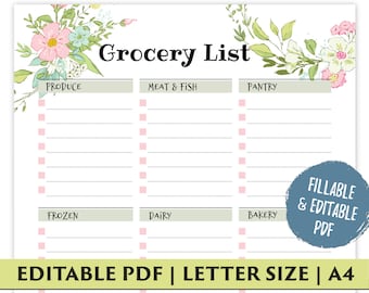 Editable Grocery List Printable for Grocery Shopping, PDF Template with Spring Flowers Design