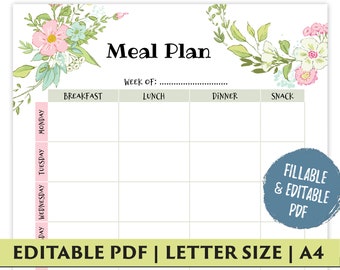 Weekly Meal Planner Printable for Menu Planning, PDF Template with Springflowers Design