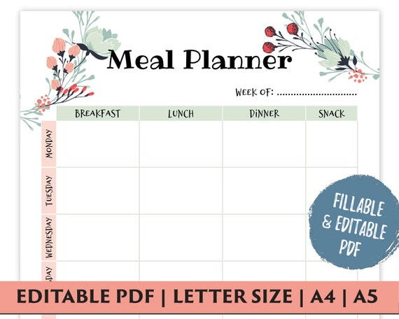 Planificateur de repas imprimable, planificateur de menus imprimable,  planificateur de repas hebdomadaire, planificateur de menu hebdomadaire,  planificateur de repas PDF, PDF remplissable, modèle PDF -  France