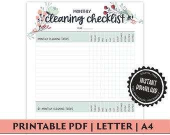 Monthly Cleaning Checklist, Cleaning Schedule, Cleaning Tracker, Chore Chart, Cleaning Planner, Cleaning Printable for Home Binder