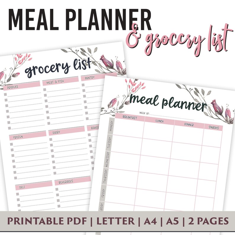 Weekly Meal Planner Printable With Grocery List Printable in Delicate ...