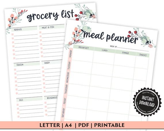 Weekly Meal Planner Printable with Grocery List Printable