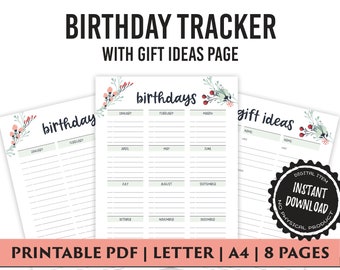 Birthday Tracker with Gift Ideas List, Printable Birthday Calendar, Planner PDF, Digital Download, Letter, A4