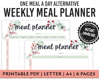 Alternative Weekly Meal Planner Printable for One Meal A Day, Weekly Menu Planner, Health Planner, Fitness Planner, Fasting, PDF Download