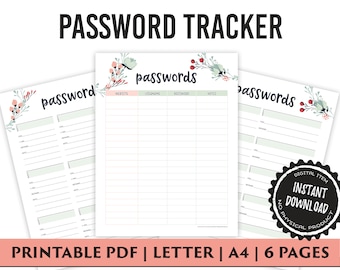 Password Tracker, Password Log, Password Keeper, Password Organizer, Printable PDF, Instant Download