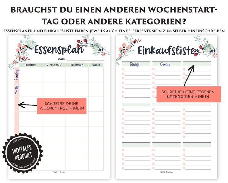 May include: Printable meal planner and grocery list template with floral accents. The meal planner has a section for breakfast, lunch, dinner, and snacks. The grocery list has sections for fruits and vegetables. The template includes the text "Brauchst du einen anderen Wochenstart-Tag oder andere Kategorien?" and "Essensplaner und Einkaufsliste haben jeweils auch eine "leere" Version zum selber hineinschreiben."